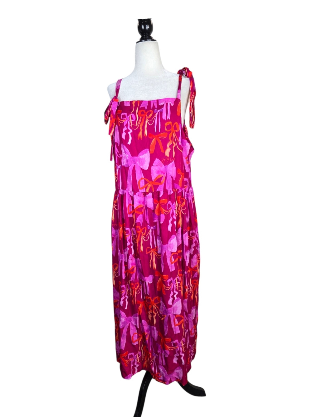 Variety Hour  Tie-Shoulder Maxi Dress in Bright Magenta Bow Print